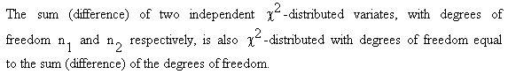 The sum (difference) of two independent  Chi-square distributed variates, with degrees of freedom n1 and n2 respectively, is also Chi-square distributed with degrees of freedom equal to the sum (difference) of the degrees of freedom (n1, n2).
